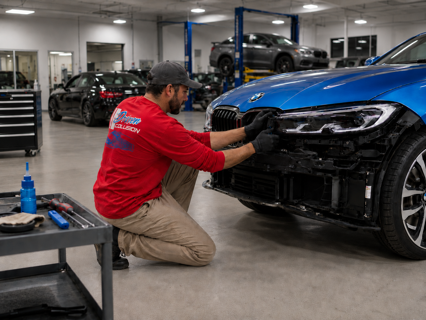 Driven technician assembling a BMW at Driven Collision
