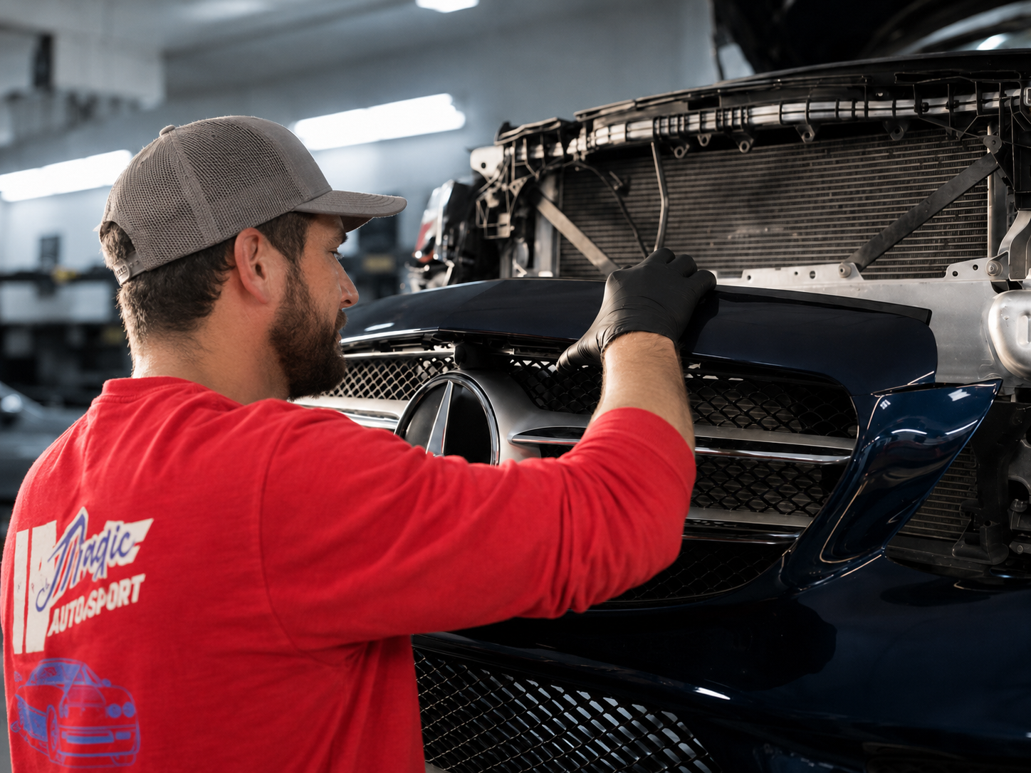 Driven technician disassembling a Mercedes at Driven Collision