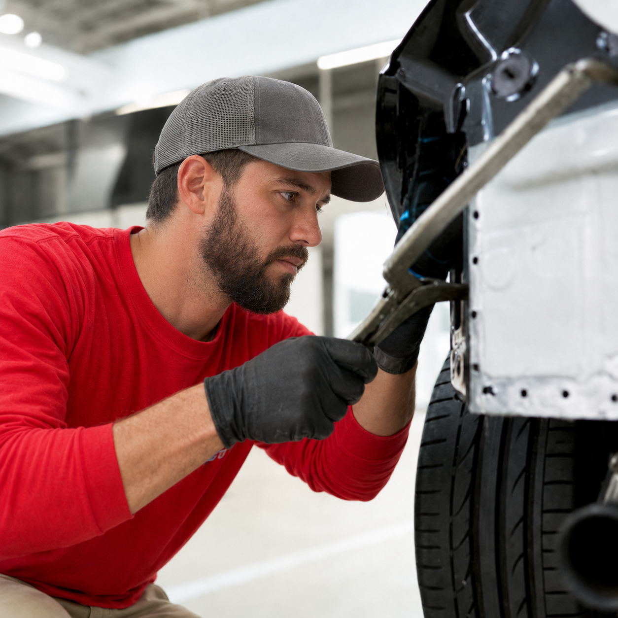 Driven technician working on structural damage on a car