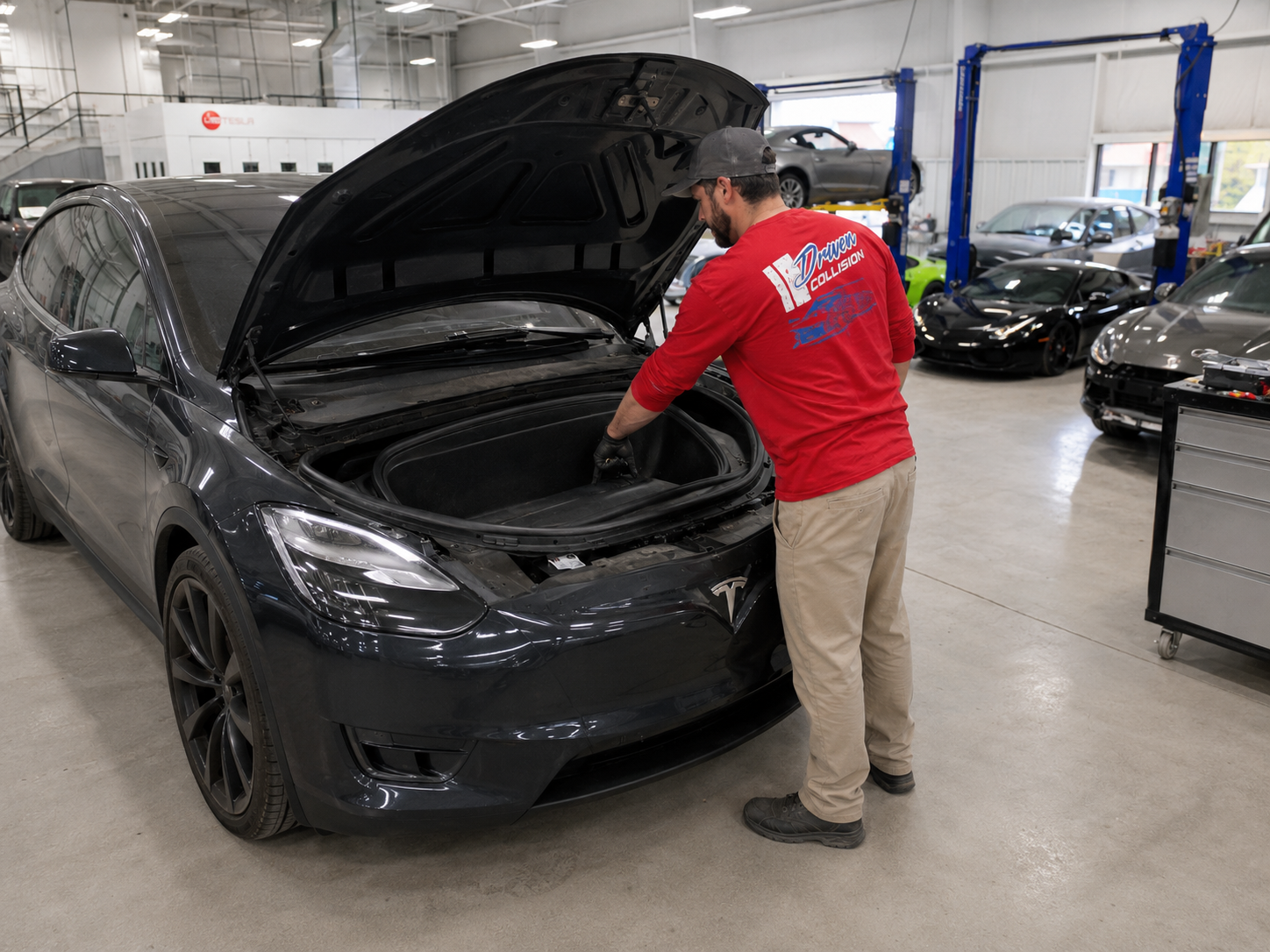 Driven technician inspecting damage on a Tesla